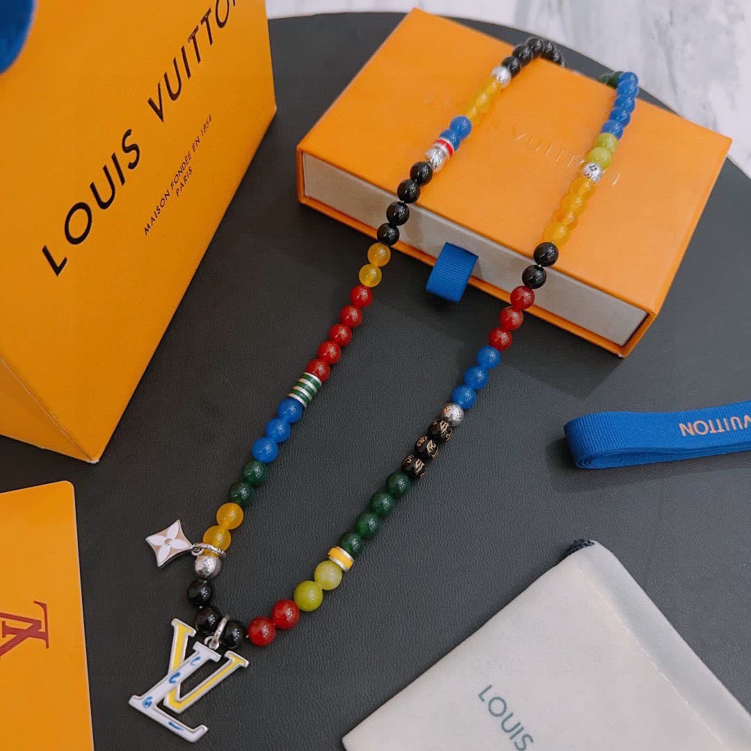Louis Vuitton Beaded Necklace with Logo Pendant